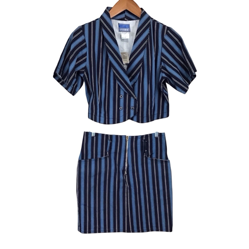 Vintage Breaker Jeans Striped Blue and Black Mini Skirt Set L NWT‎